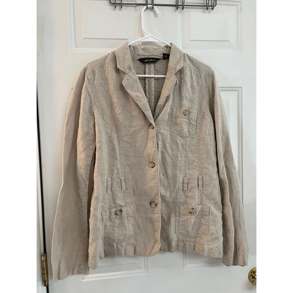 Eddie Bauer 100% Linen Blazer Jacket Tan Size 12 L Coastal Light Academia